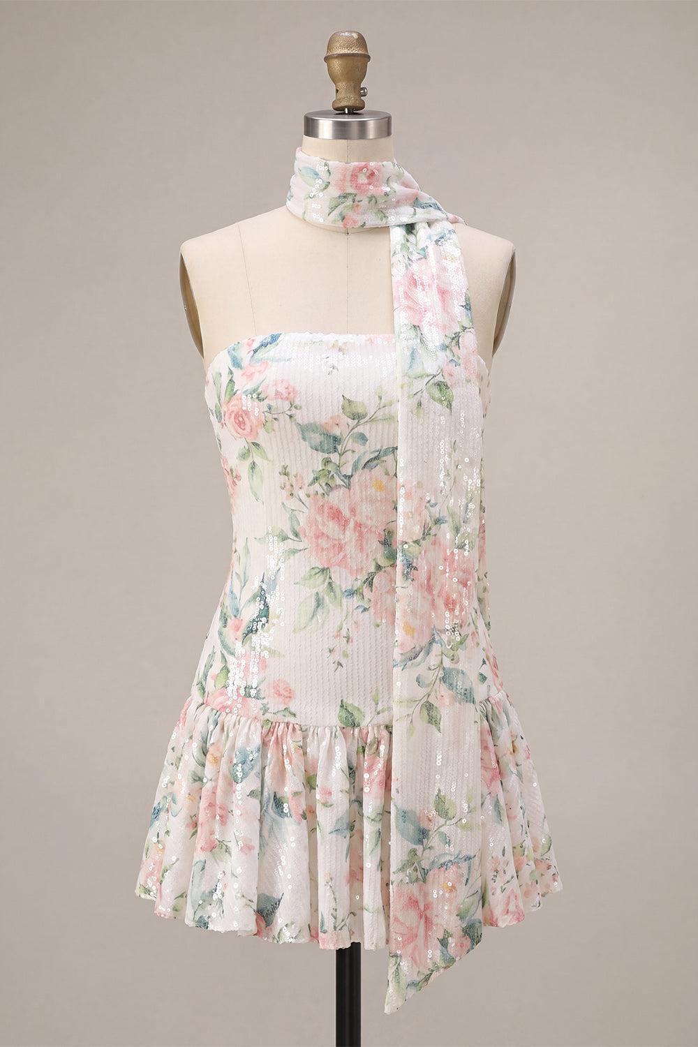 Sparkly White Pink Flower A-Line Sequin Short Homecoming Dress with Neck Scarf
