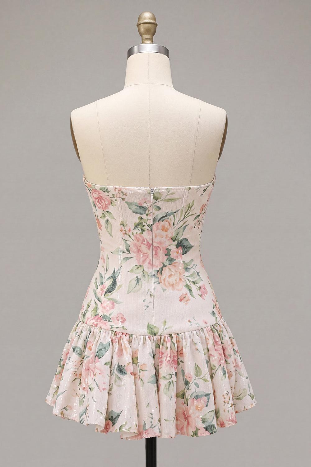 Sparkly White Pink Flower A-Line Sequin Short Homecoming Dress with Neck Scarf