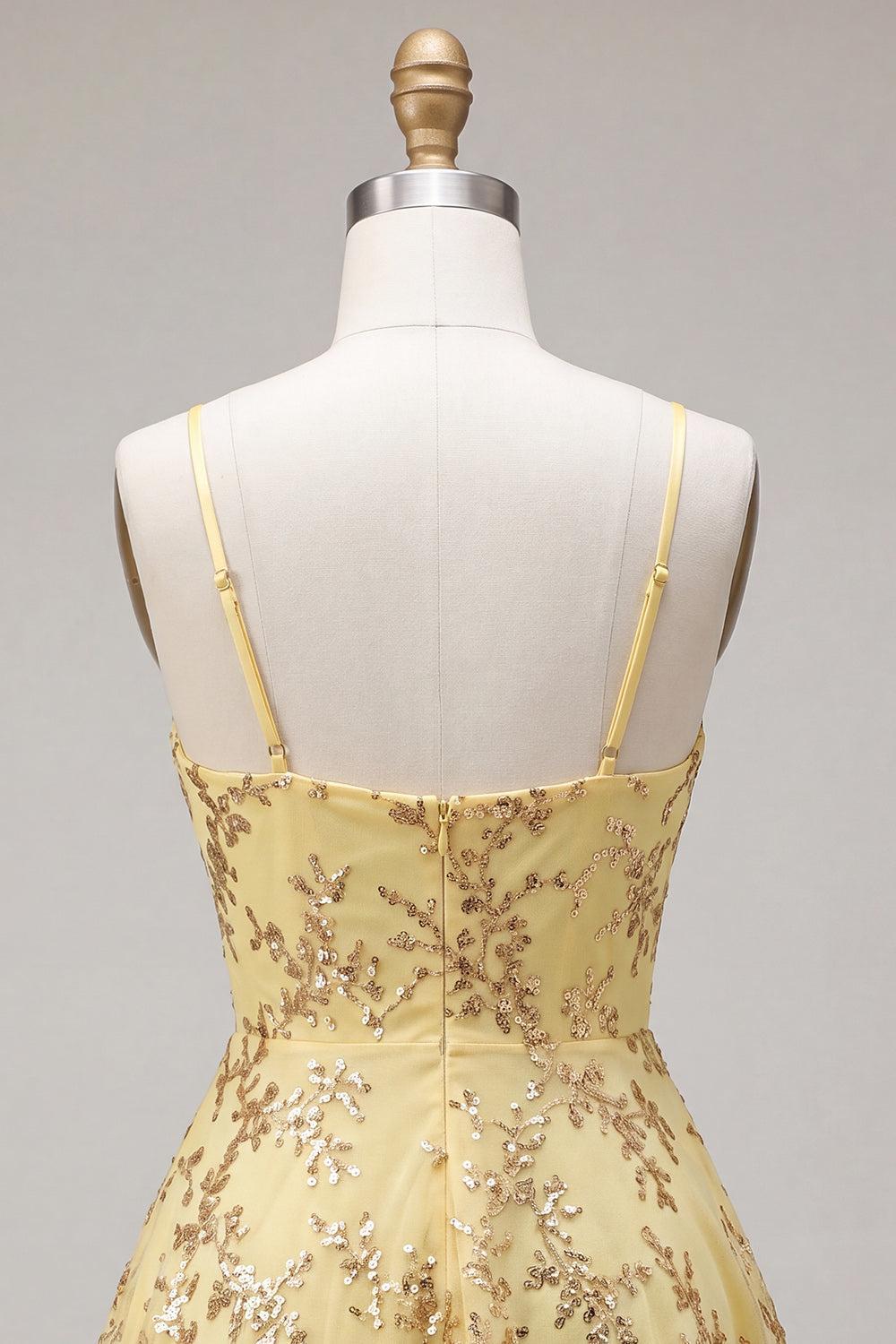 Sparkly Yellow Spaghetti Straps Sequin A-Line Short Homecoming Dress