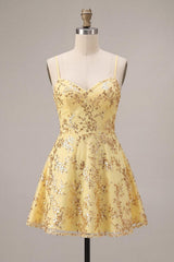 Sparkly Yellow Spaghetti Straps Sequin A-Line Short Homecoming Dress