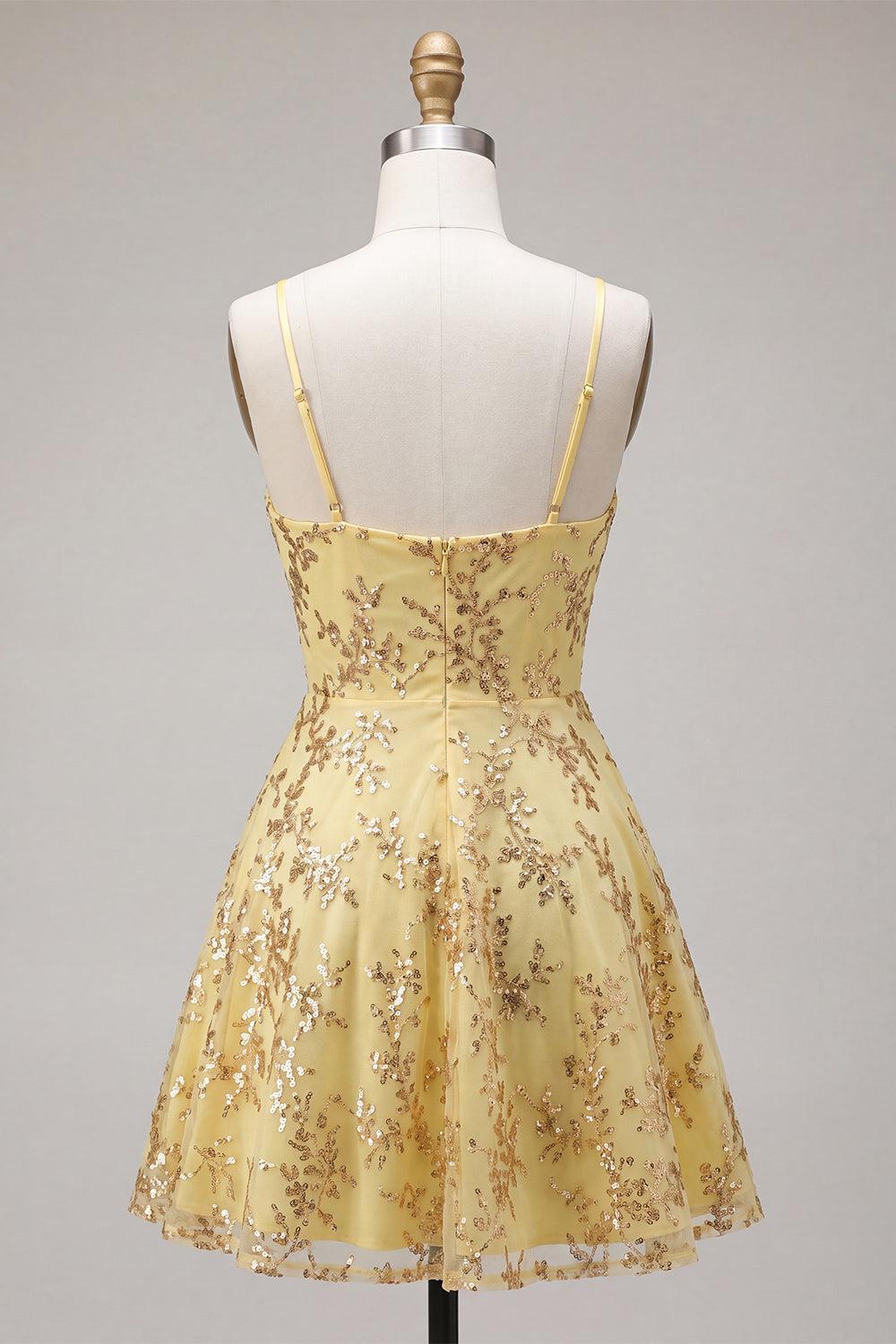Sparkly Yellow Spaghetti Straps Sequin A-Line Short Homecoming Dress