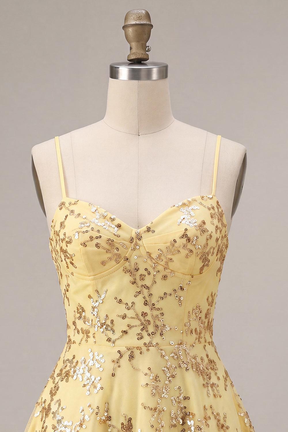 Sparkly Yellow Spaghetti Straps Sequin A-Line Short Homecoming Dress