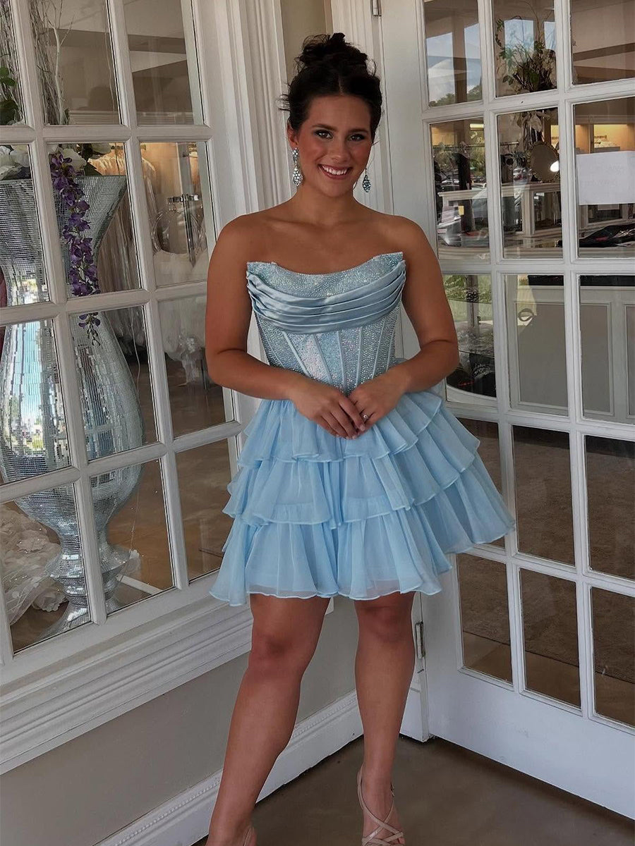 Sparkly A Line Tiered Short Beaded Homecoming Dress with Ruffles