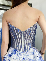 Sparkly Strapless Beadeds Floral Print Tiered Homecoming Dress