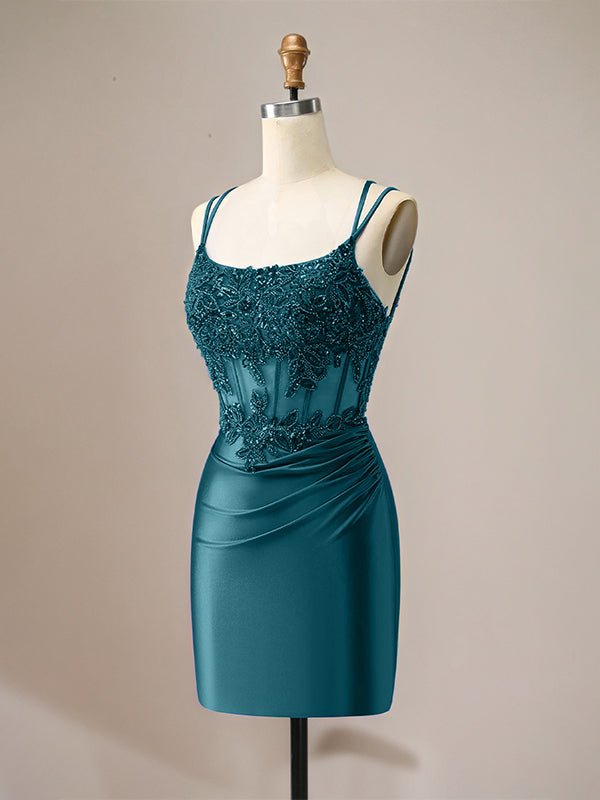 Sparkly Spaghetti Straps Sequins Pleated Corset Homecoming Dress