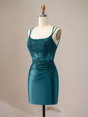 Sparkly Spaghetti Straps Sequins Pleated Corset Homecoming Dress