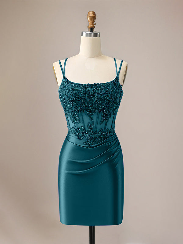 Sparkly Spaghetti Straps Sequins Pleated Corset Homecoming Dress