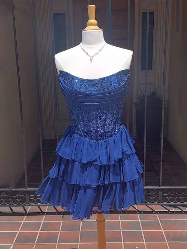 Sparkly Corset A Line Short Beaded Homecoming Dress with Ruffles
