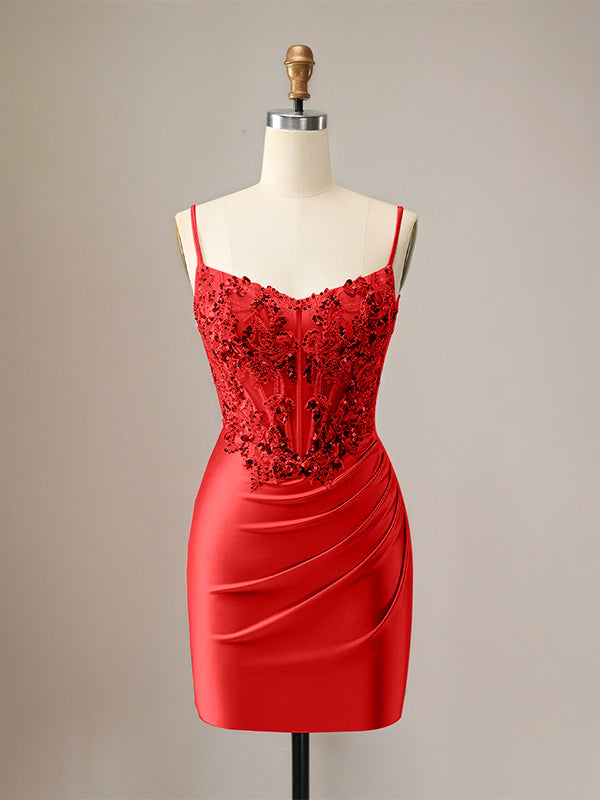 Sparkly Glitter Spaghetti Straps Sequins Pleated Corset Homecoming Dress