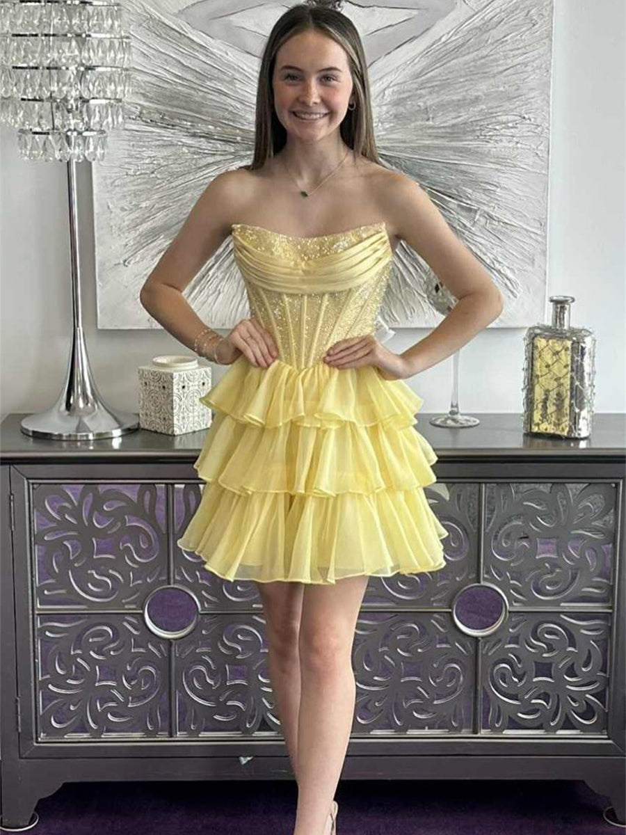Sparkly A Line Tiered Short Beaded Homecoming Dress with Ruffles