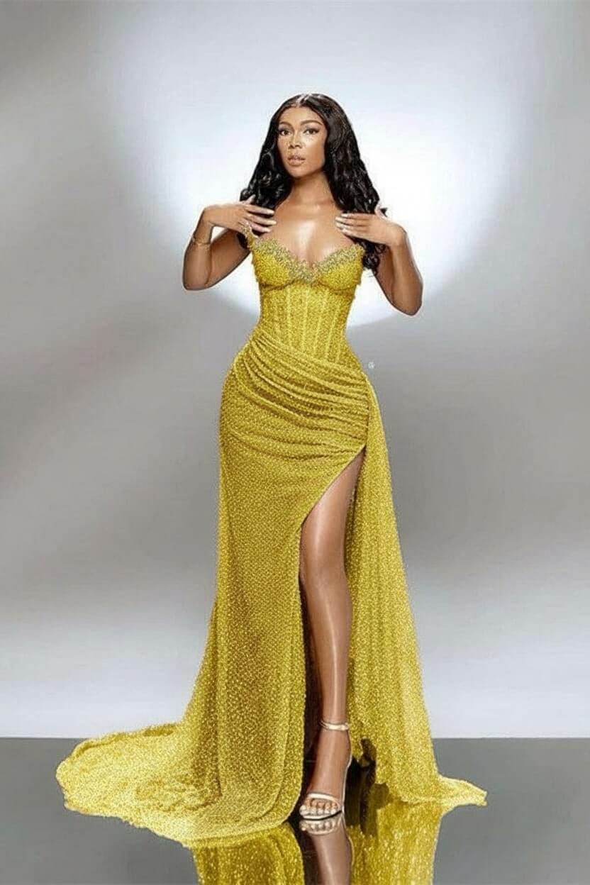 Split Front Mermaid Prom Dress Sweetheart Beaded Appliqued Evening Dress with Panel Train