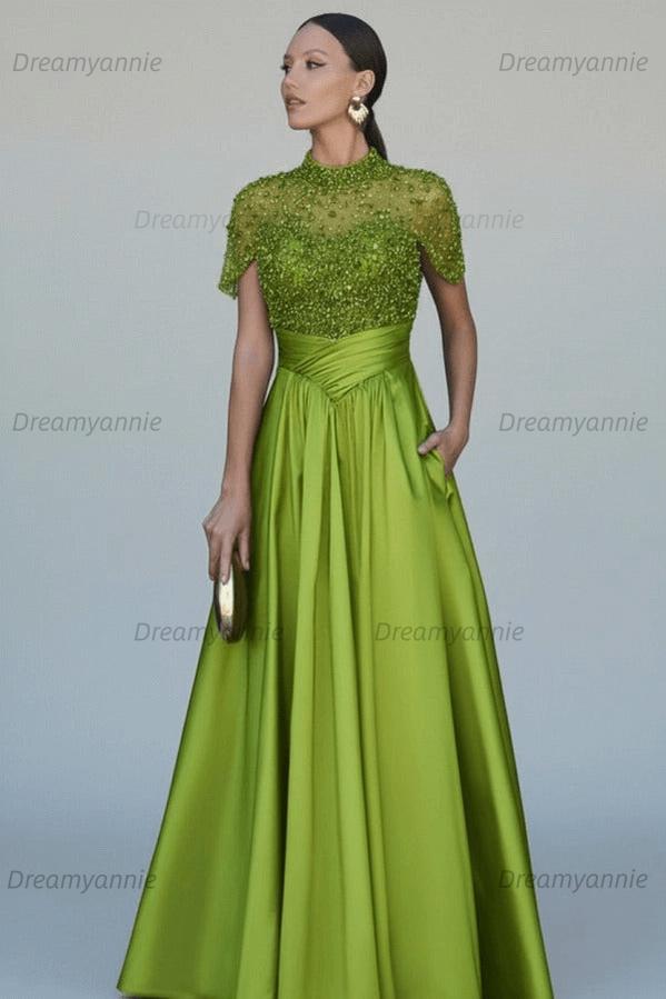 Green A Line Prom Dress Short Sleeve High Neck Beaded Formal Dress