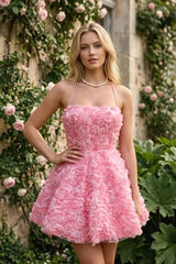 Square Neck 3D Rose Petal Corset Homecoming Dresses Mini Cocktail Dress