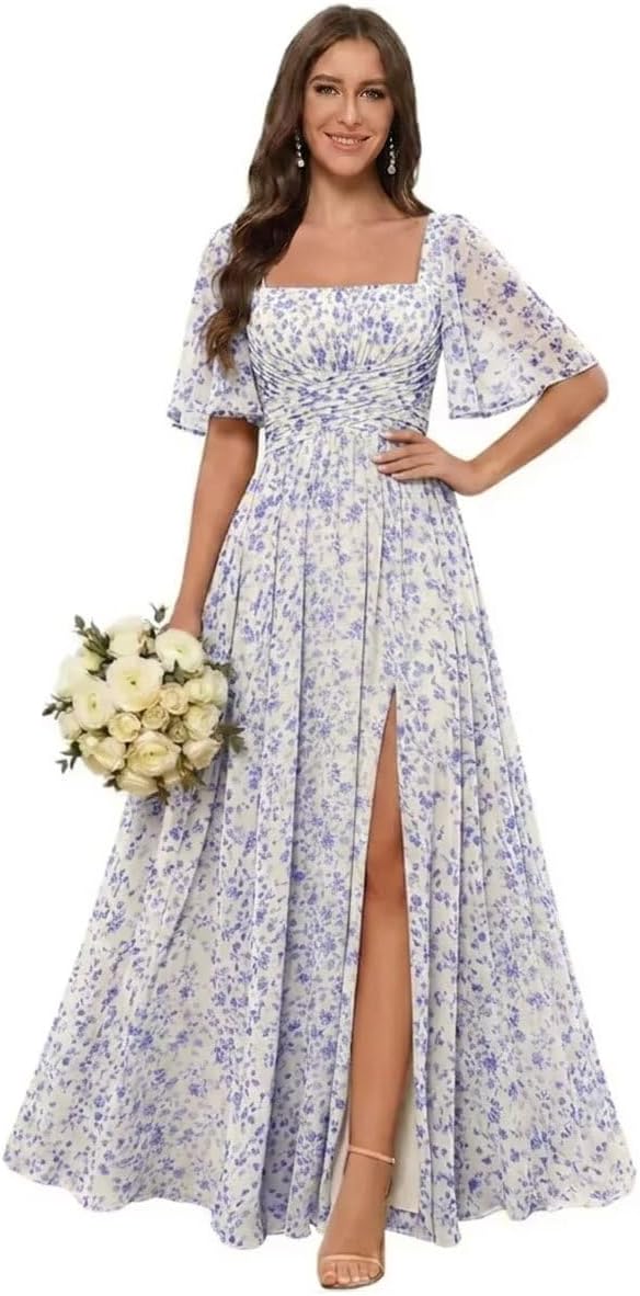 Square Neck Chiffon Bridesmaid Dress with Flutter Sleeves and Slit