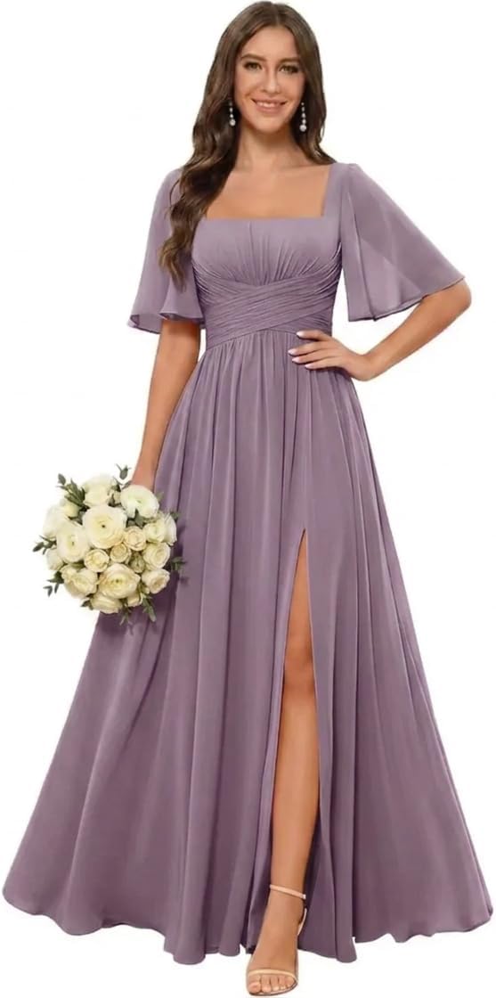 Square Neck Chiffon Bridesmaid Dress with Flutter Sleeves and Slit