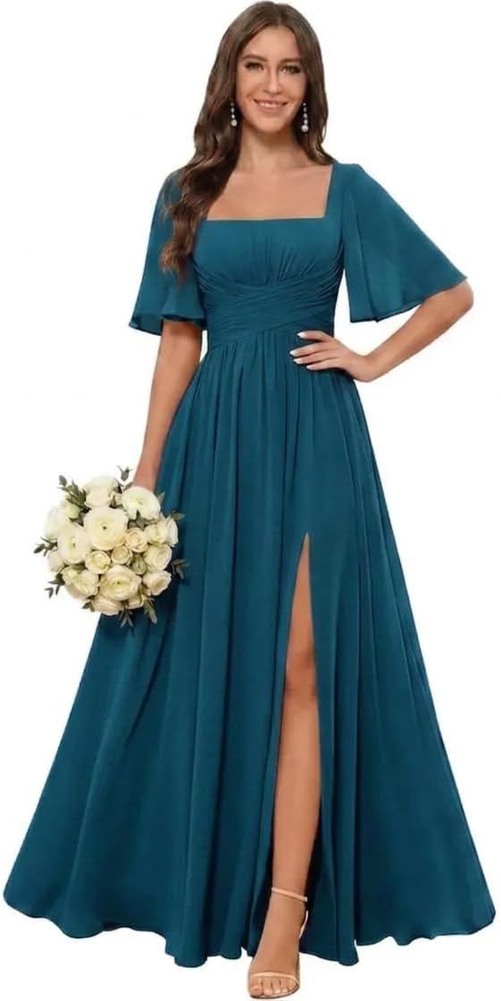 Square Neck Chiffon Bridesmaid Dress with Flutter Sleeves and Slit