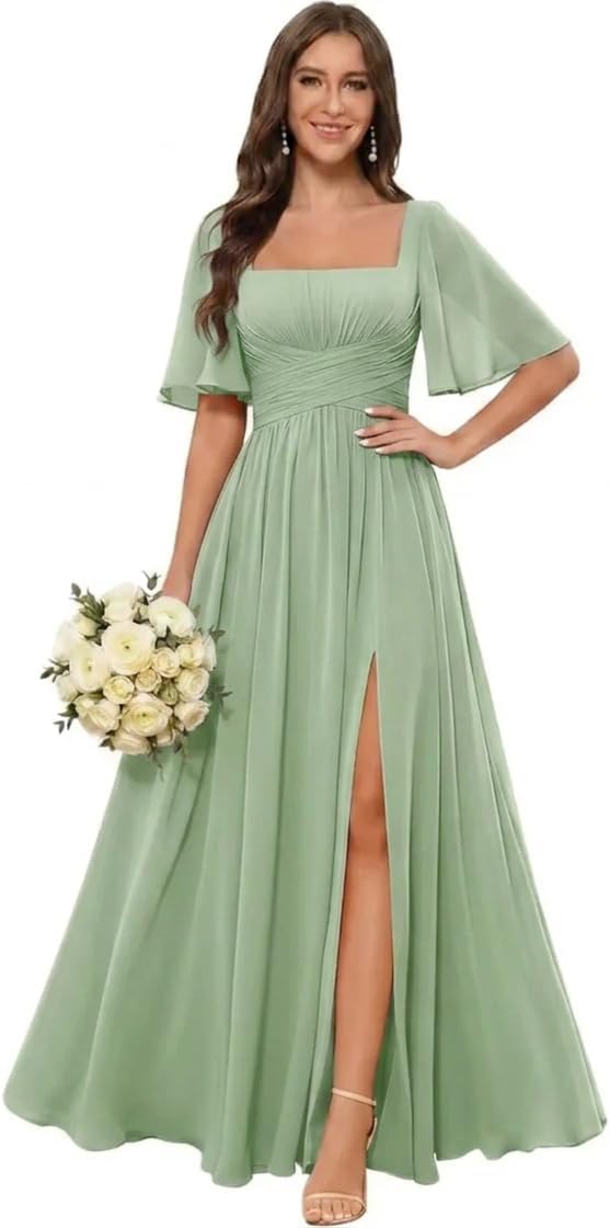 Square Neck Chiffon Bridesmaid Dress with Flutter Sleeves and Slit