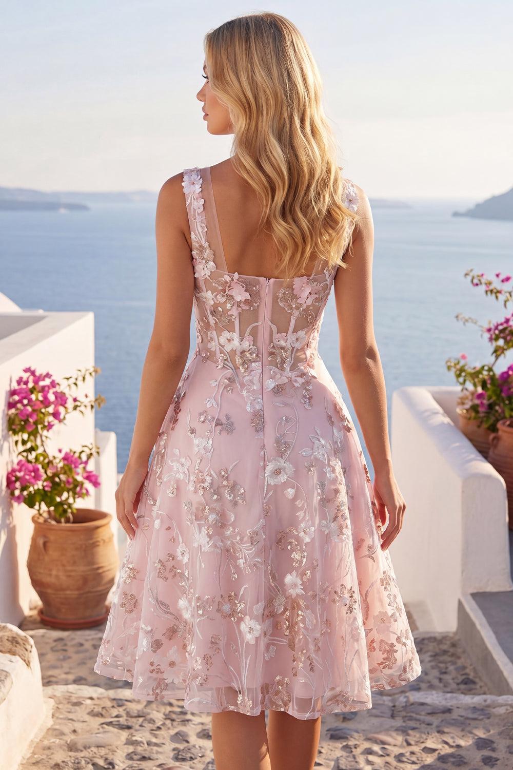 Square Neck Floral A Line Short Pink Corset Homecoming Dress