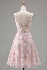 Square Neck Floral A Line Short Pink Corset Homecoming Dress