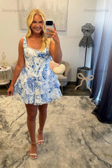 Square Neck Floral Homecoming Dress Blue Chiffon Tiered Corset Party Dress