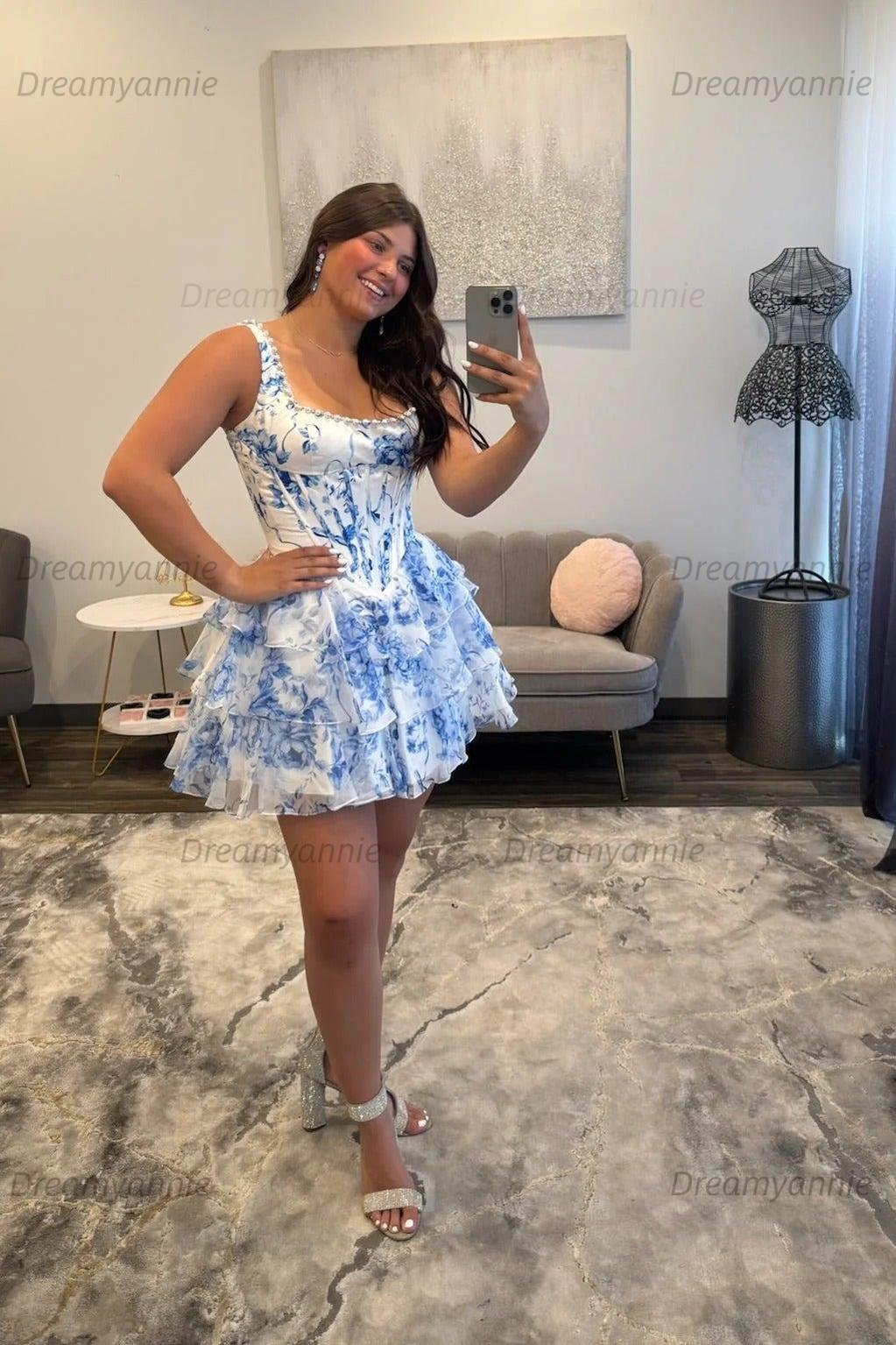 Square Neck Floral Homecoming Dress Blue Chiffon Tiered Corset Party Dress