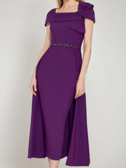 Square Neck Formal Mother of the Bride & Groom Sheath Column Dresses with Bow and Belt