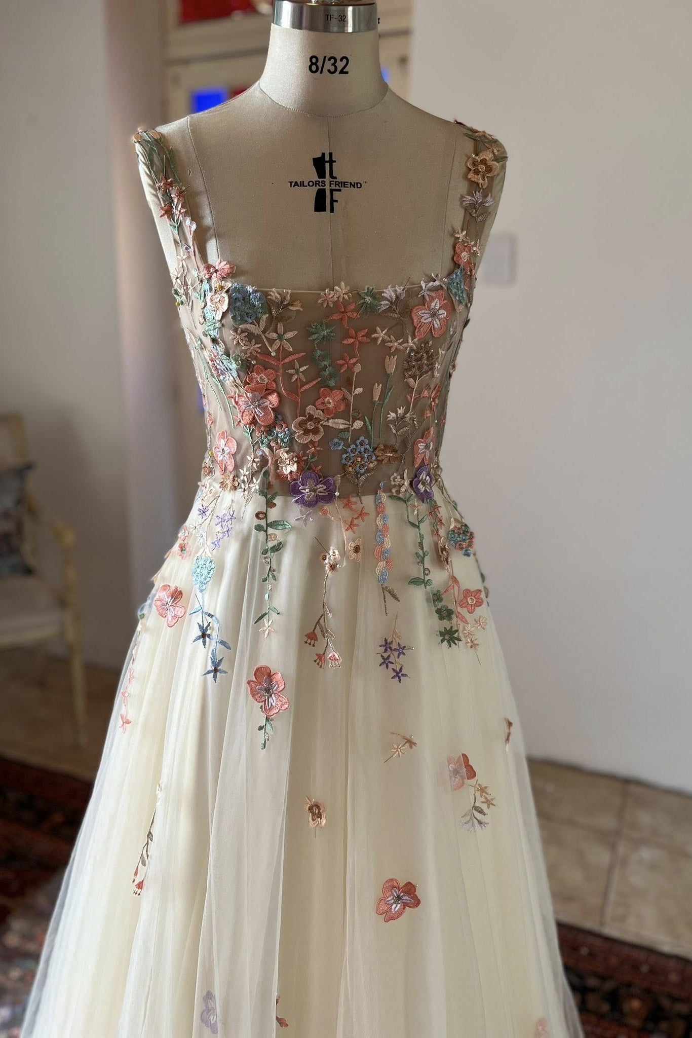 Square Neck Prom Dress A Line Champagne Tulle Sleeveless Formal Dress