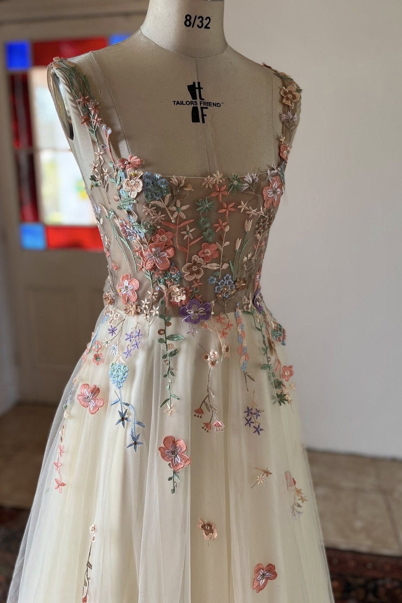 Square Neck Prom Dress A Line Champagne Tulle Sleeveless Formal Dress