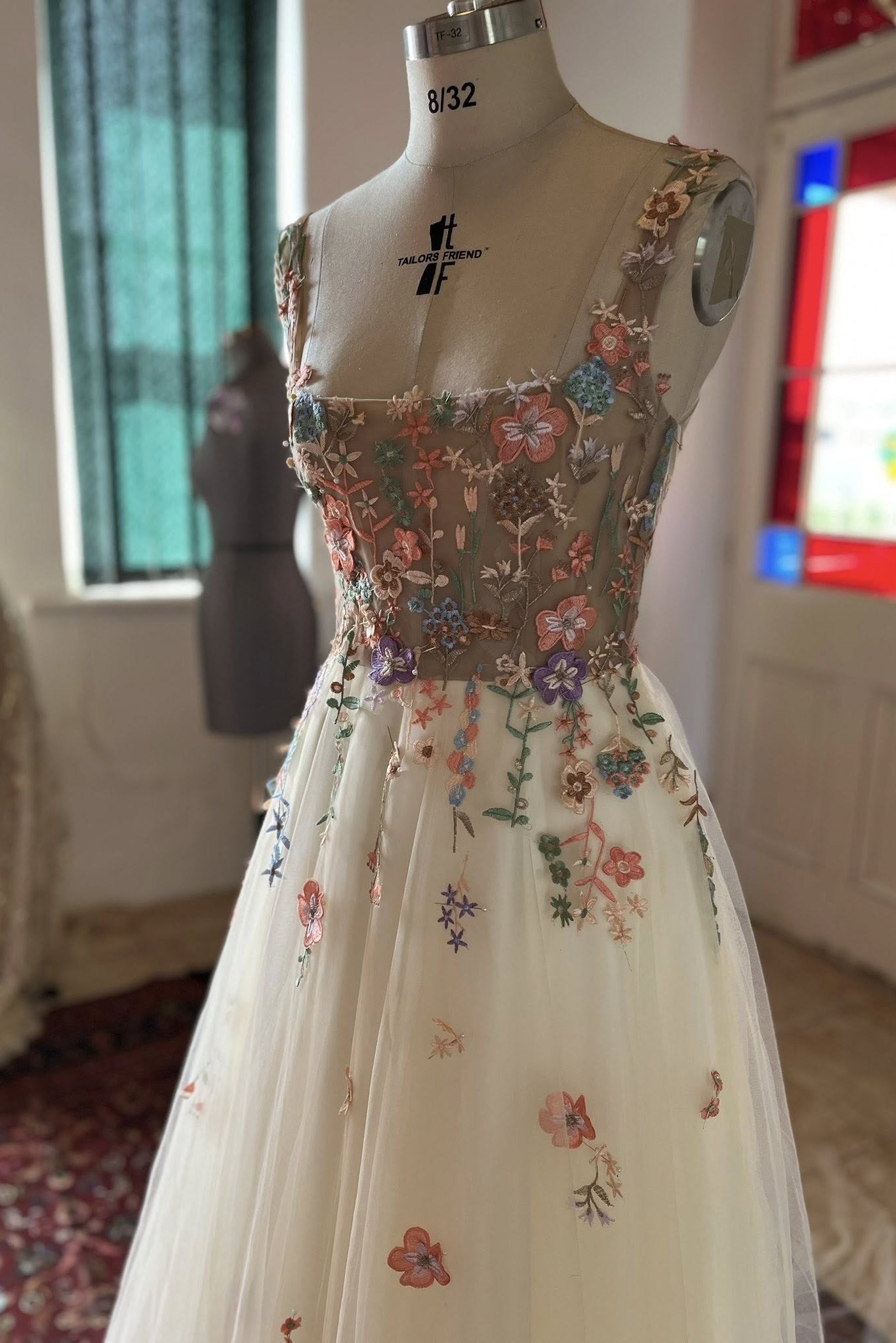 Square Neck Prom Dress A Line Champagne Tulle Sleeveless Formal Dress