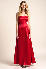 Square Neck Red Wedding Guest Dress Satin Backless Long Formal Dress