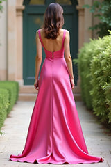 Square Neck Satin A Line Fuchsia Wedding Guest Dress Long Prom Dress
