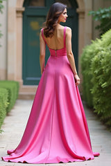 Square Neck Satin A Line Fuchsia Wedding Guest Dress Long Prom Dress