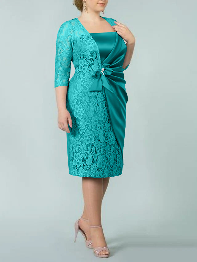 Square Neck Tea Length Sheath Column Dresses for the Mother of the Bride