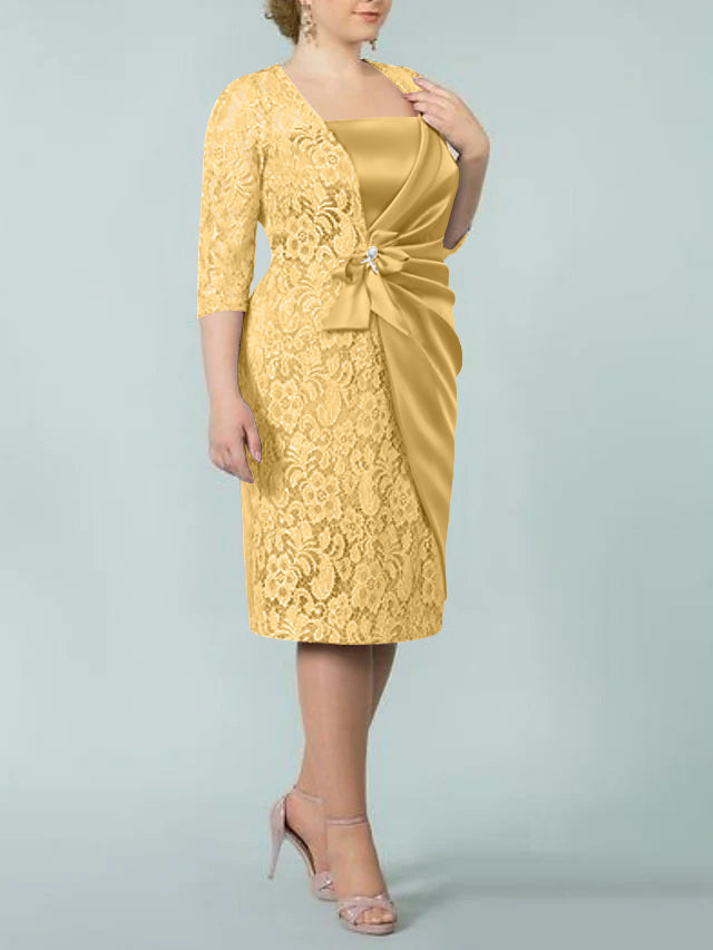 Square Neck Tea Length Sheath Column Dresses for the Mother of the Bride