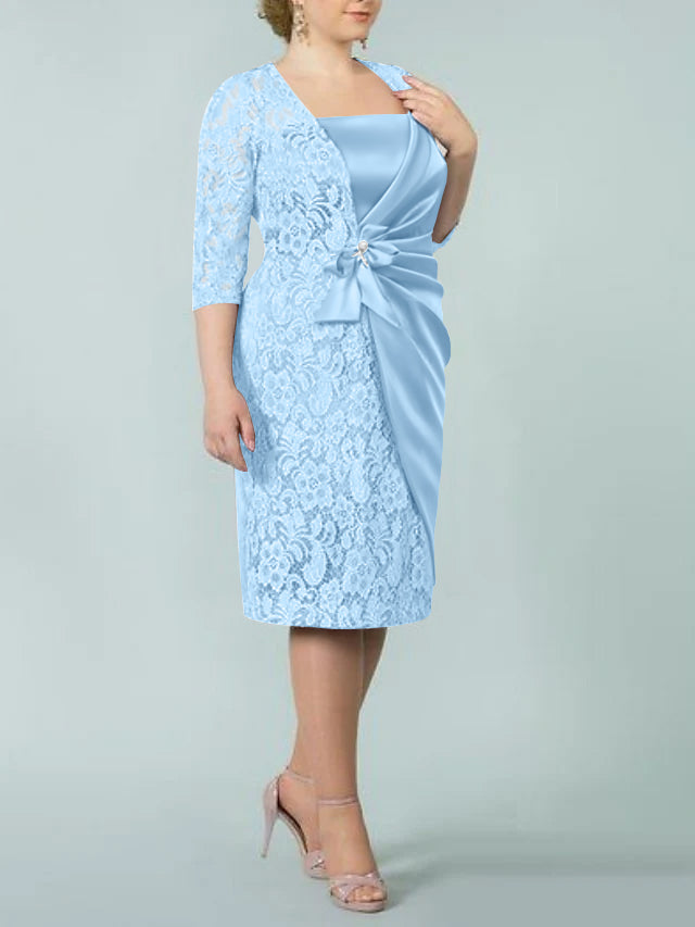 Square Neck Tea Length Sheath Column Dresses for the Mother of the Bride