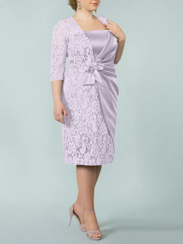Square Neck Tea Length Sheath Column Dresses for the Mother of the Bride