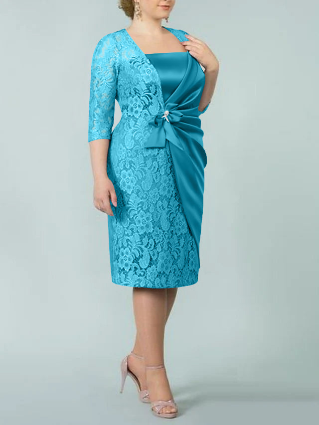 Square Neck Tea Length Sheath Column Dresses for the Mother of the Bride