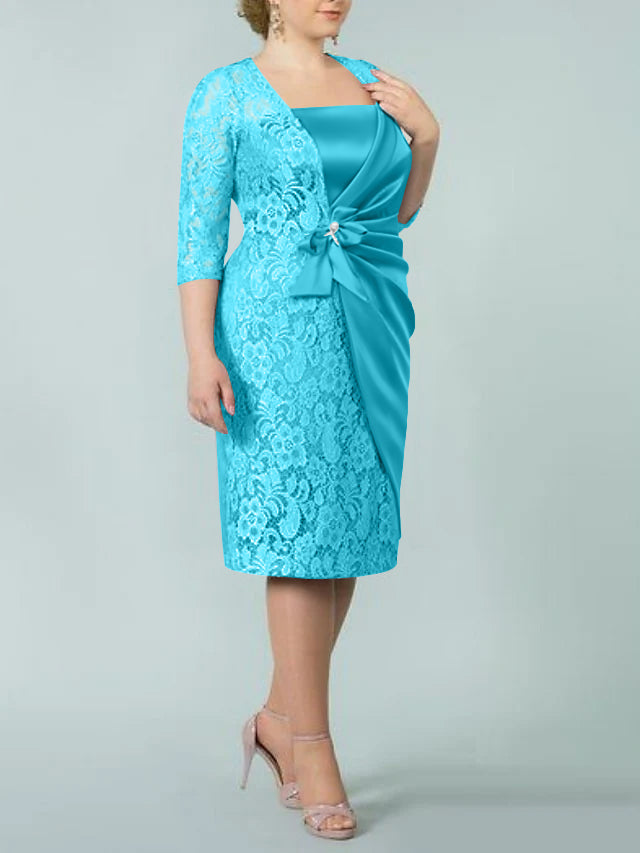 Square Neck Tea Length Sheath Column Dresses for the Mother of the Bride