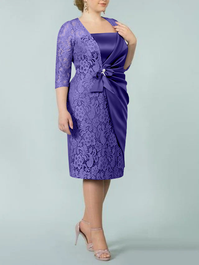 Square Neck Tea Length Sheath Column Dresses for the Mother of the Bride
