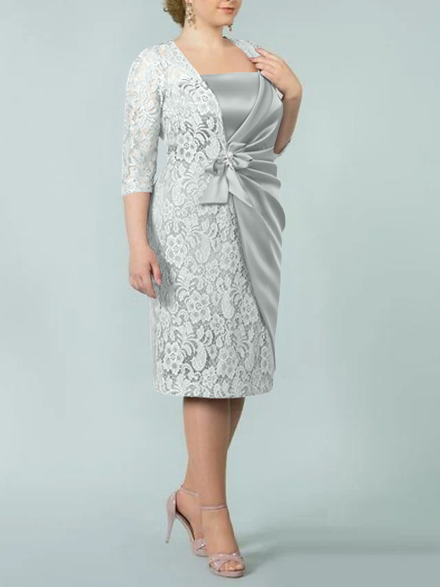 Square Neck Tea Length Sheath Column Dresses for the Mother of the Bride