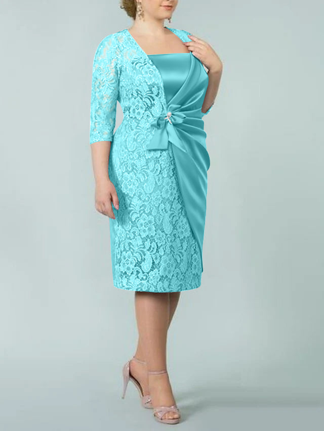 Square Neck Tea Length Sheath Column Dresses for the Mother of the Bride