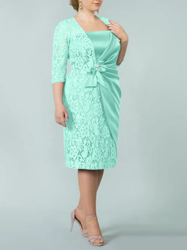 Square Neck Tea Length Sheath Column Dresses for the Mother of the Bride