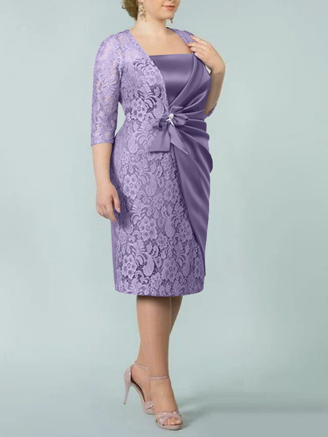Square Neck Tea Length Sheath Column Dresses for the Mother of the Bride