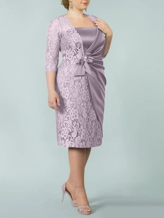 Square Neck Tea Length Sheath Column Dresses for the Mother of the Bride