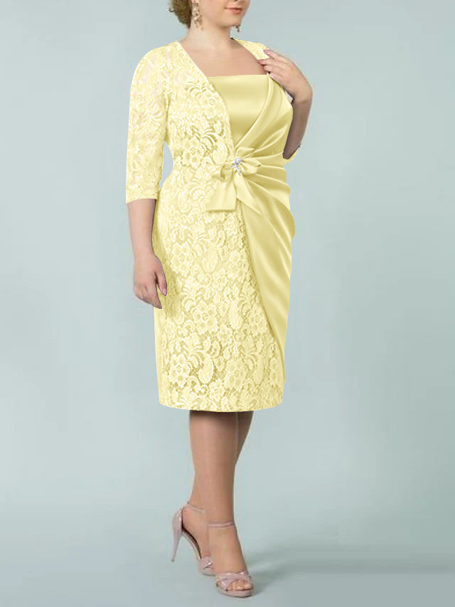 Square Neck Tea Length Sheath Column Dresses for the Mother of the Bride
