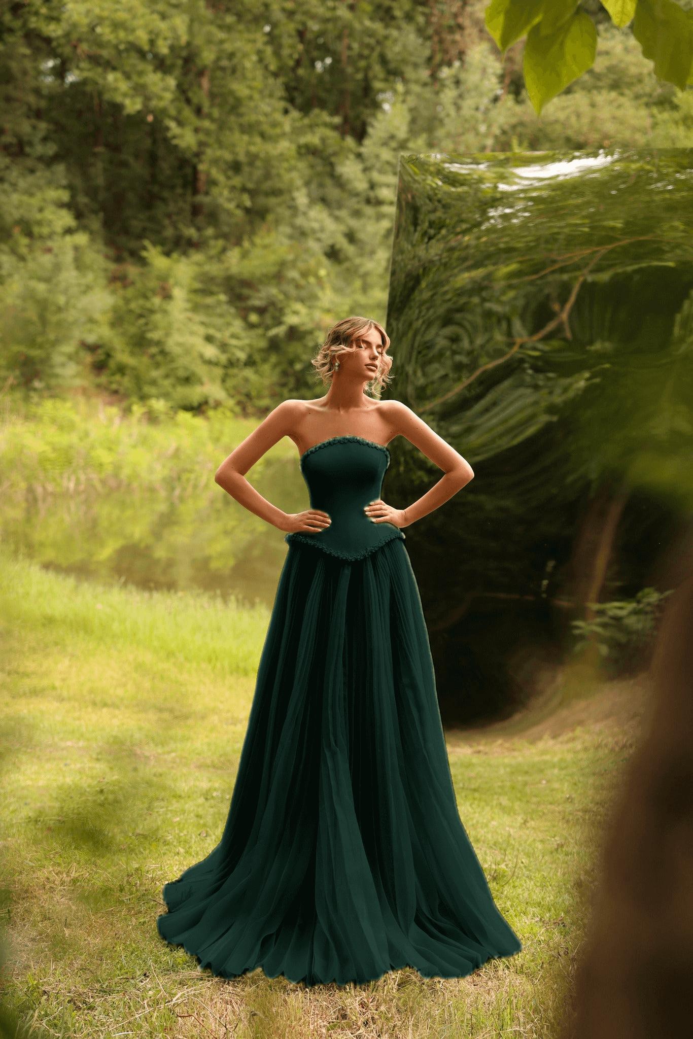 Strapless A Line Formal Dress Beaded Green Corset Prom Dress