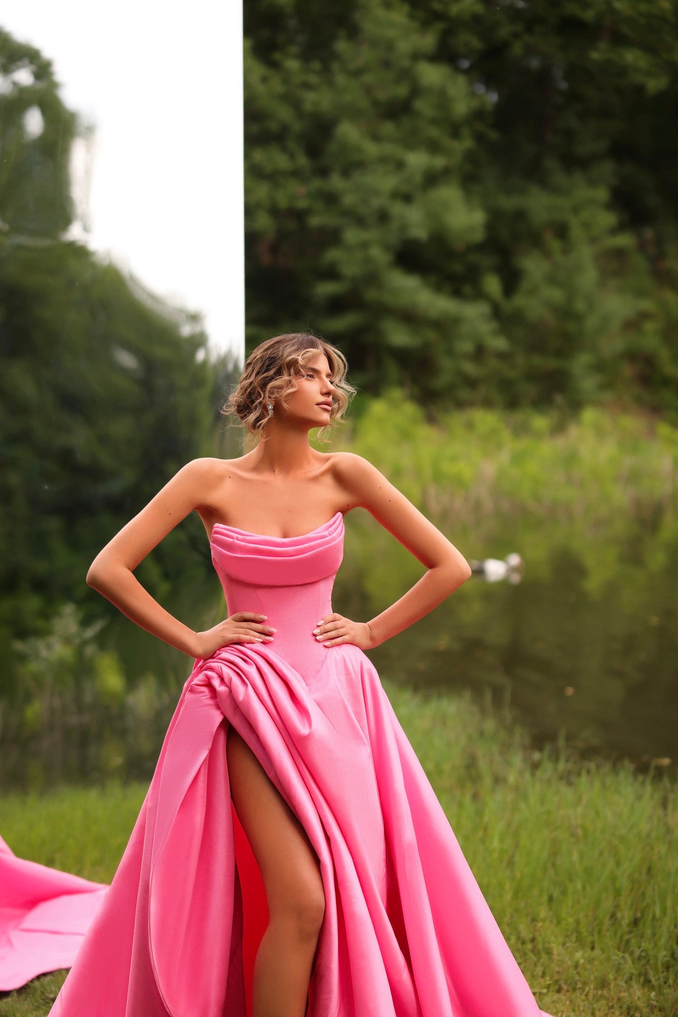 Strapless A Line Prom Dress Satin Pink Formal Dress with Slit