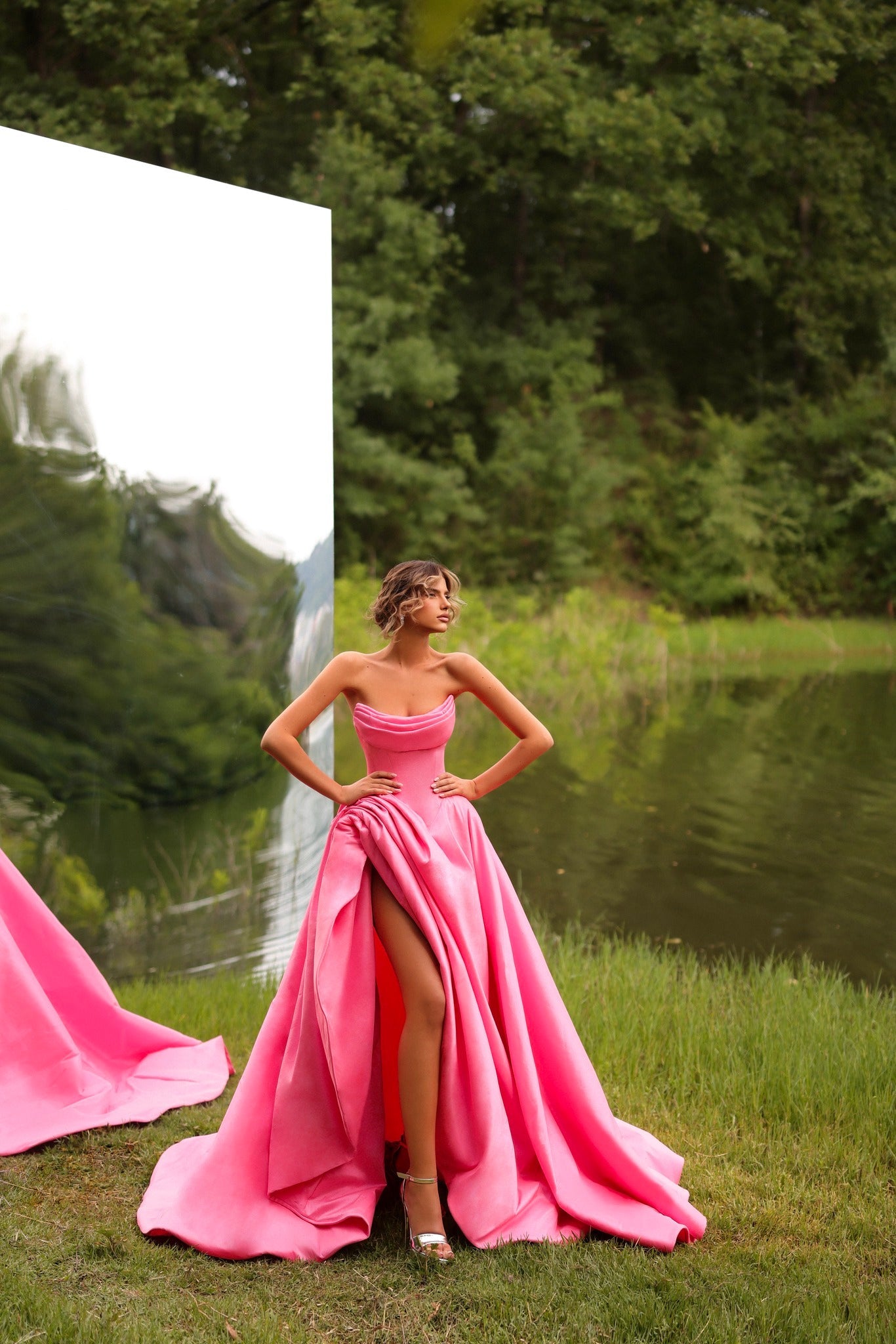 Strapless A Line Prom Dress Satin Pink Formal Dress with Slit