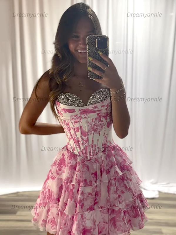 Strapless A-Line Sweetheart Empire Beaded Floral Homecoming Dress