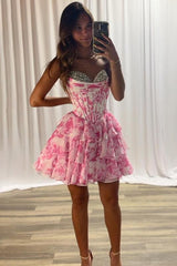Strapless A-Line Sweetheart Empire Beaded Floral Homecoming Dress